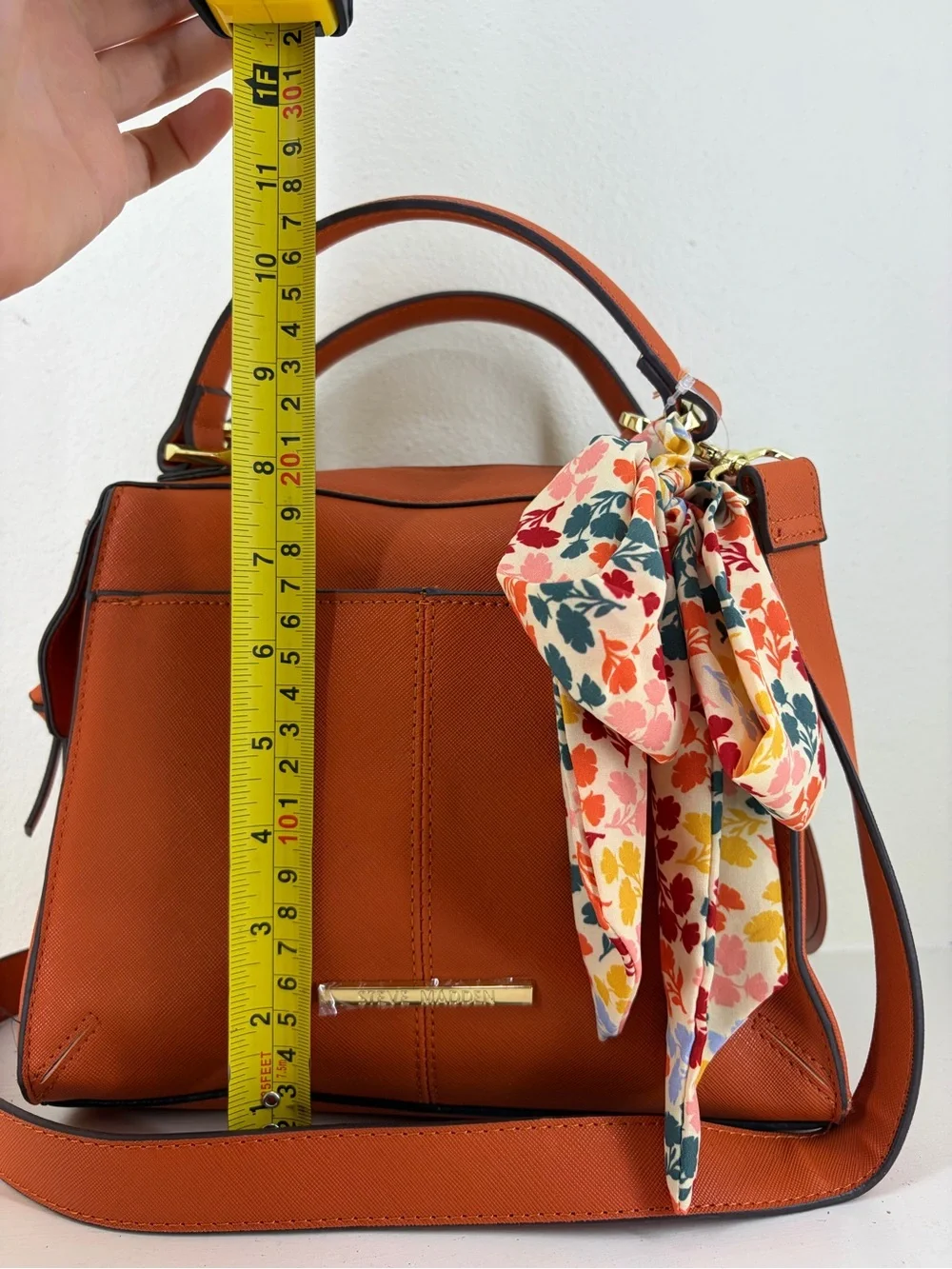 Steve Madden Orange Crossbody Satchel with Floral Scarf Accent - Picture 9 of 10